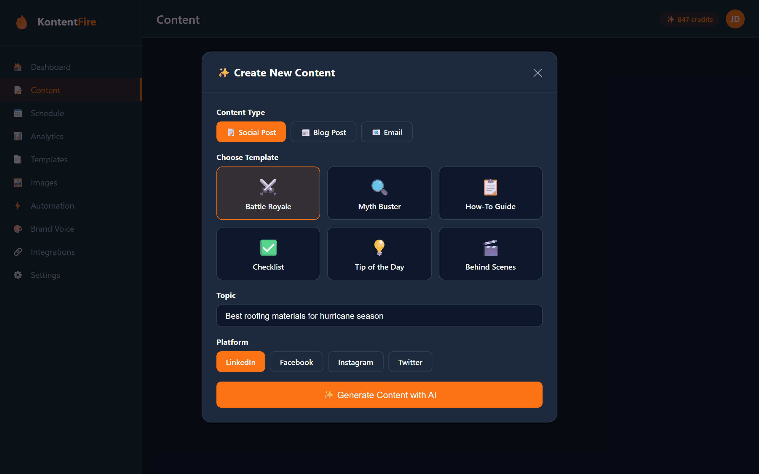 KontentFire AI content creation modal