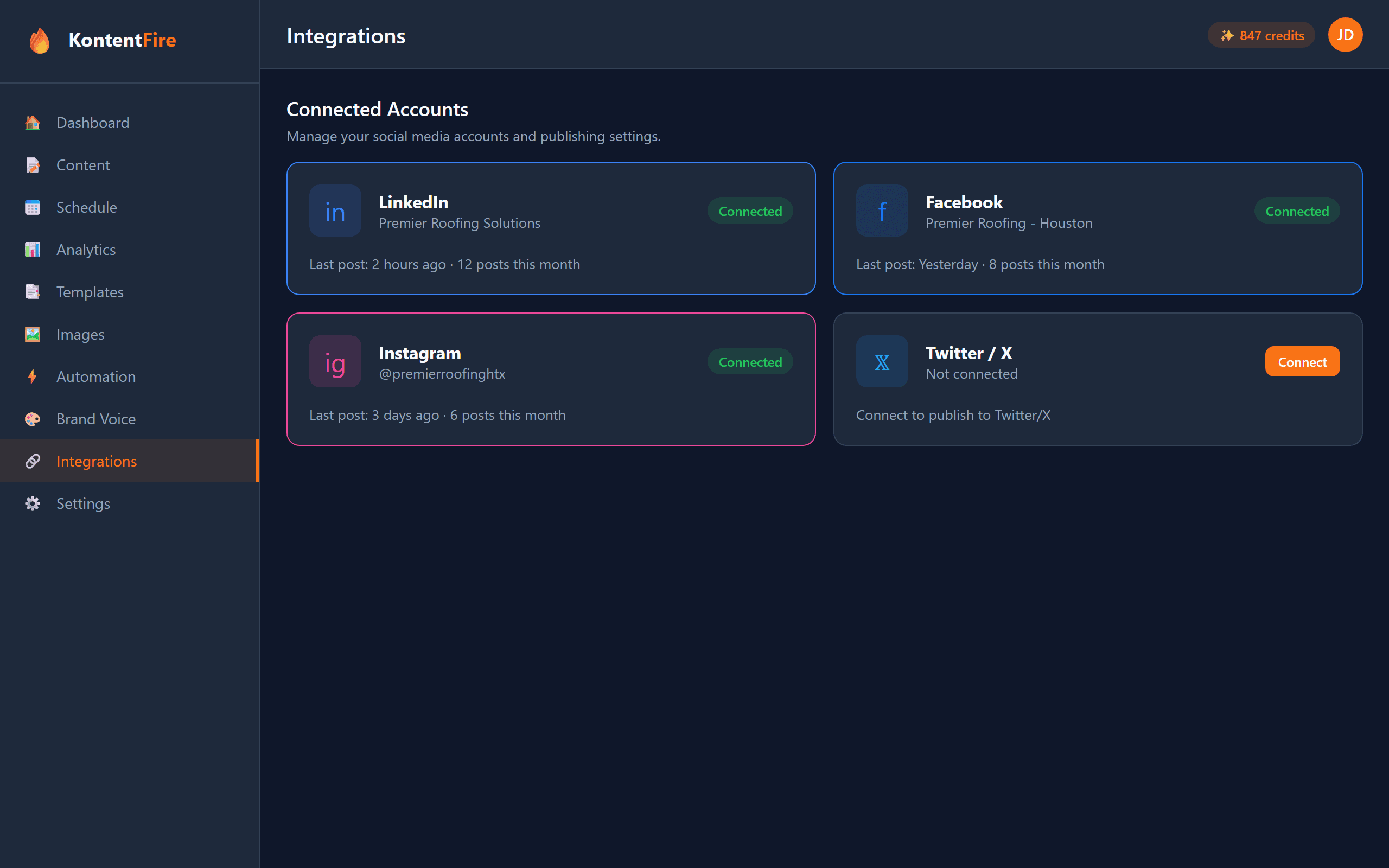 KontentFire multi-platform connected accounts