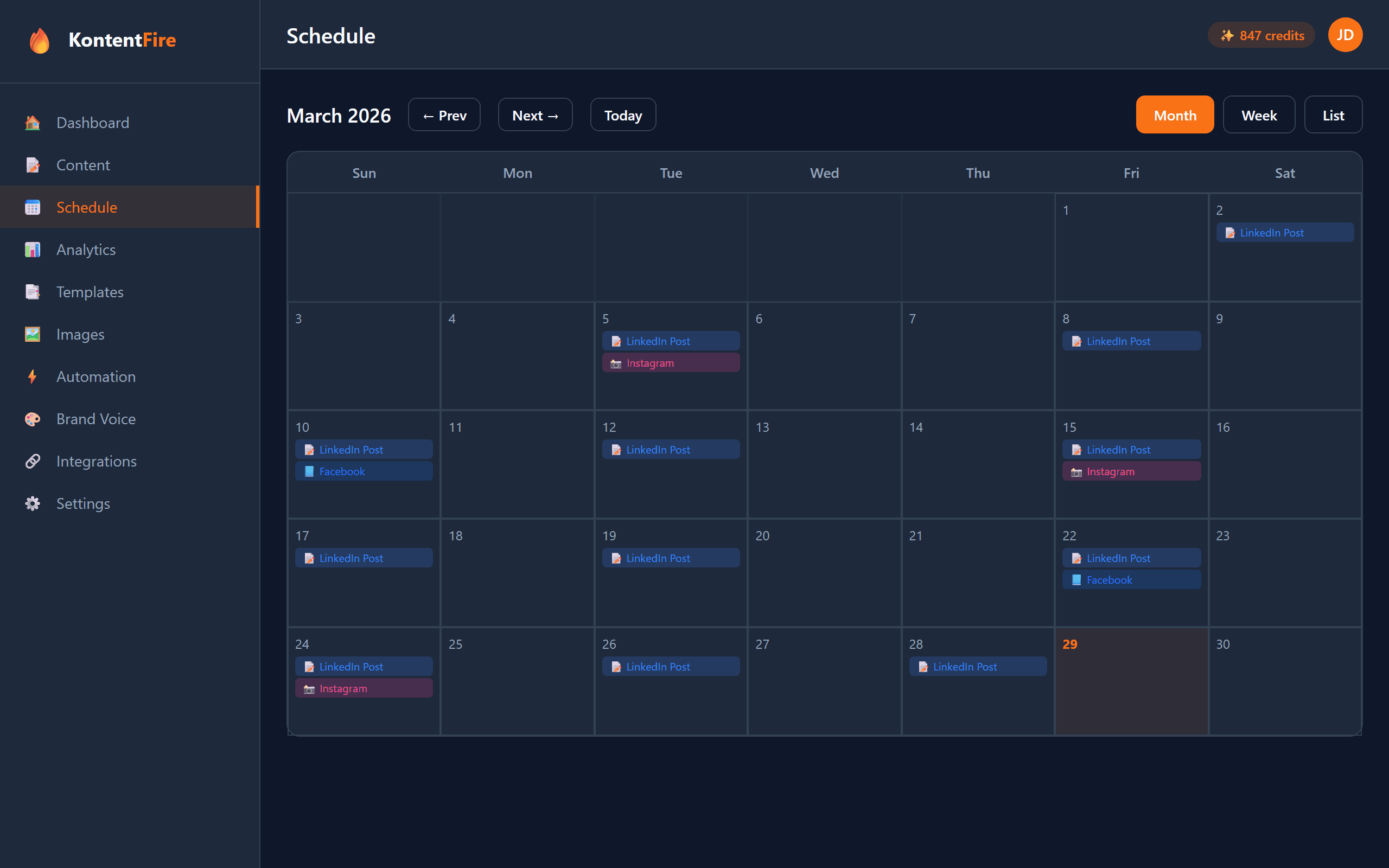 KontentFire content calendar for planning and scheduling